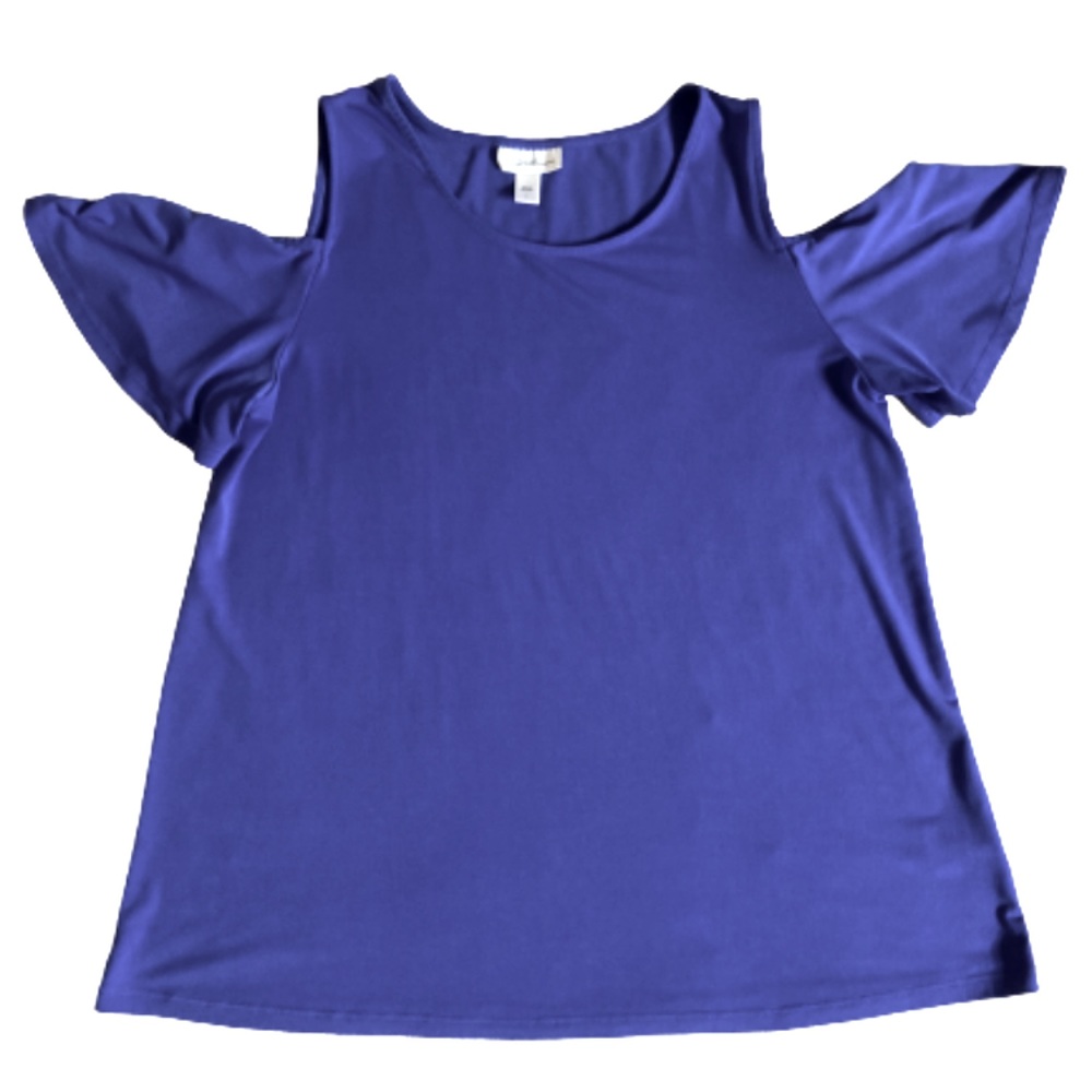 Woman’s peek a boo shoulder short sleeve purple tunic top large trendy
